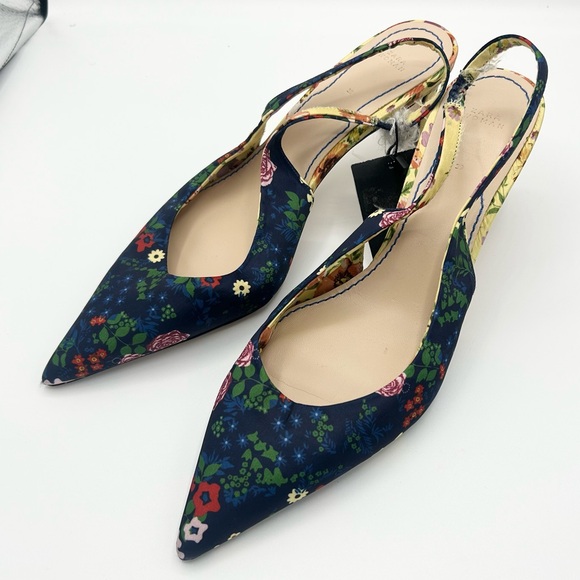 ZARA Printed Slingback Heels Floral Pointed Toe Mid Heel Shoes - Sz. 8 - Picture 7 of 9
